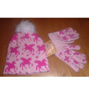 Girls Pink UNICORNS Winter Hat Beanie & Gloves Set OSFM Pom Pom NWT